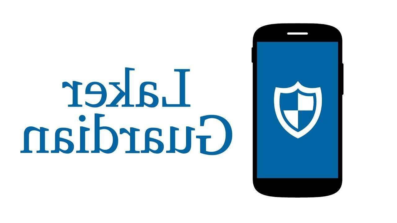 Clipart of a smartphone with blue screen and a picture of a shield on the phone. Next to the phone are the words Laker Guardian